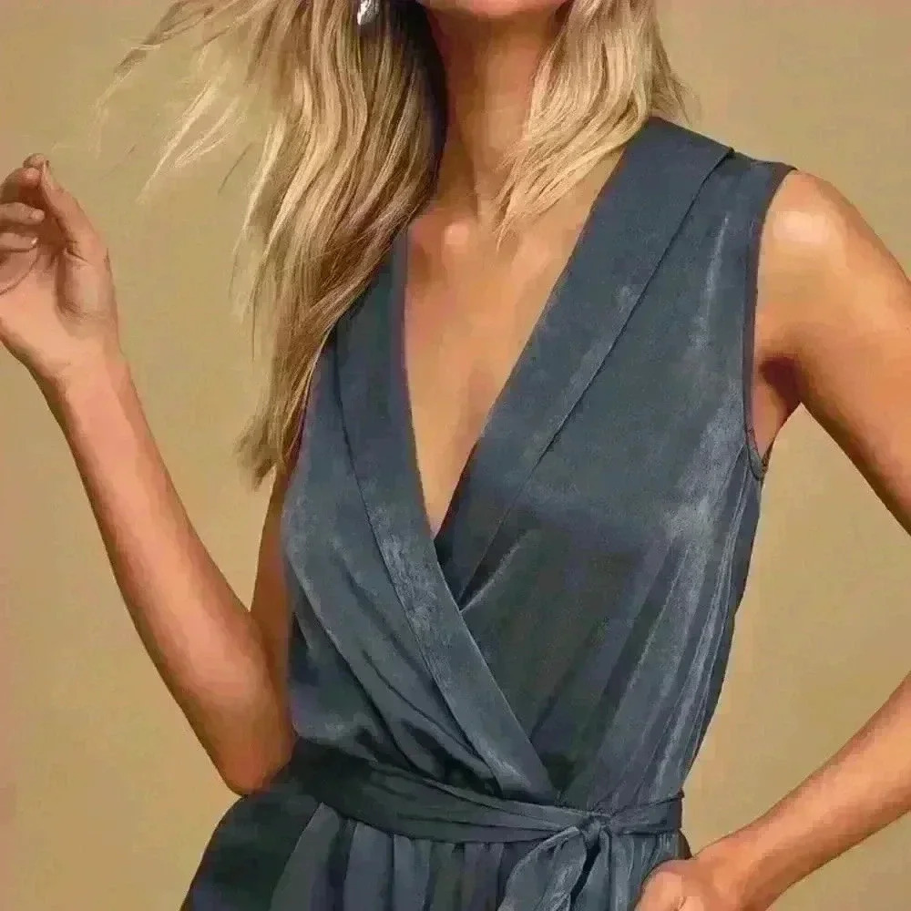 Lulus Love Like That Washed Navy Blue Satin Sleeveless Jumpsuit - Picture 2 of 5